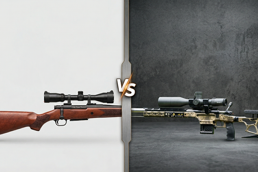 A split-screen view of a wood-stock factory vs custom rifle built on a modular XLR chassis with a central VS icon