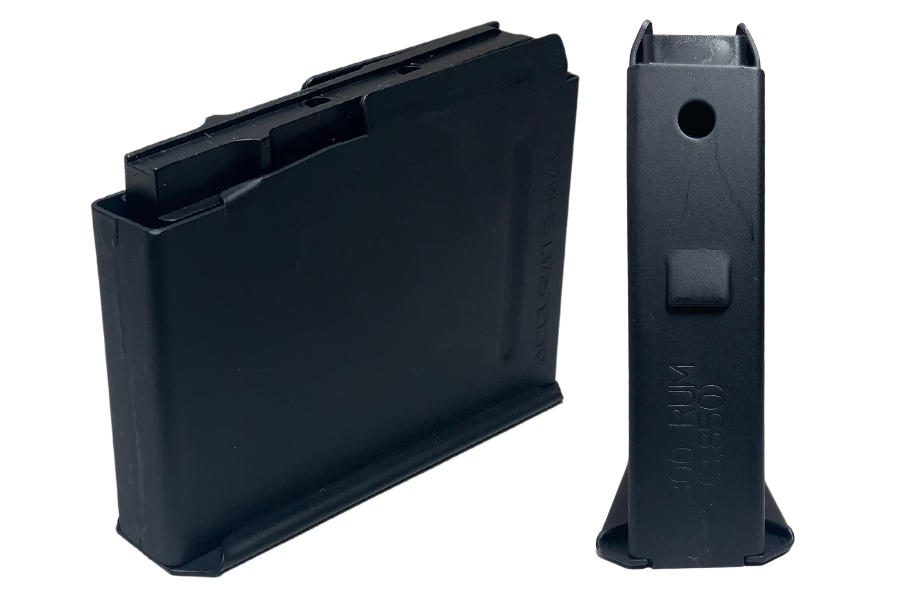 Side and back view of 3 round long action RUM magazine.