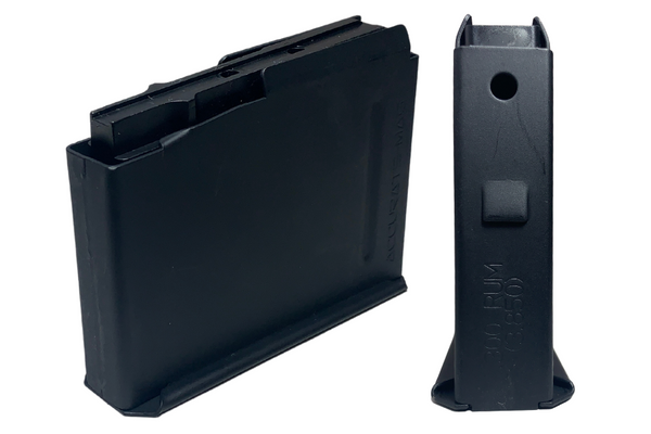 Side and back view of 3 round long action RUM magazine.