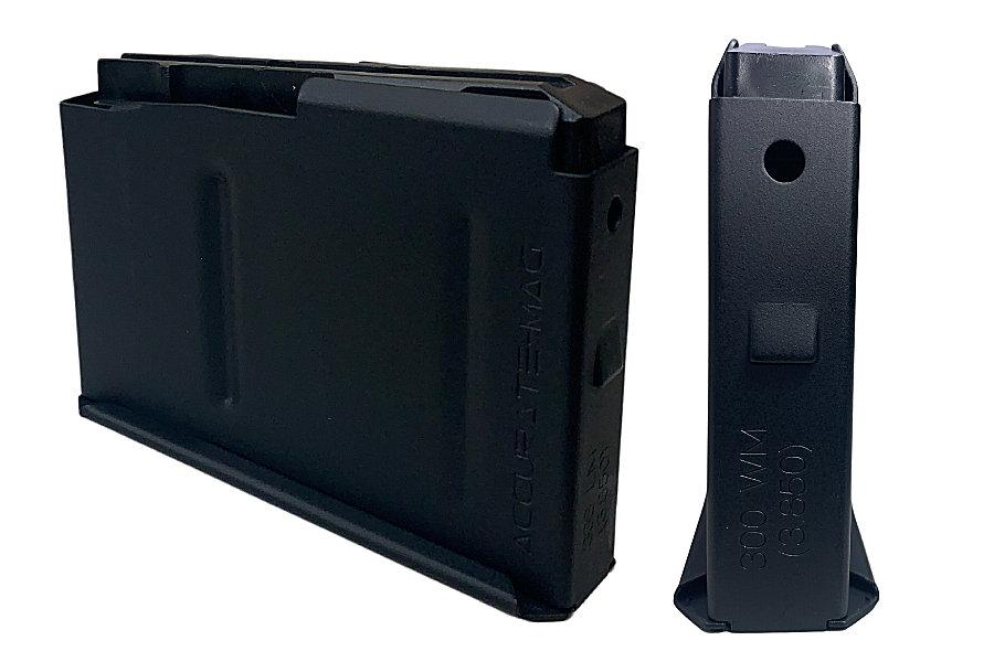 Side and back view of 3.850 AICS 3 round 300 WM magazine.
